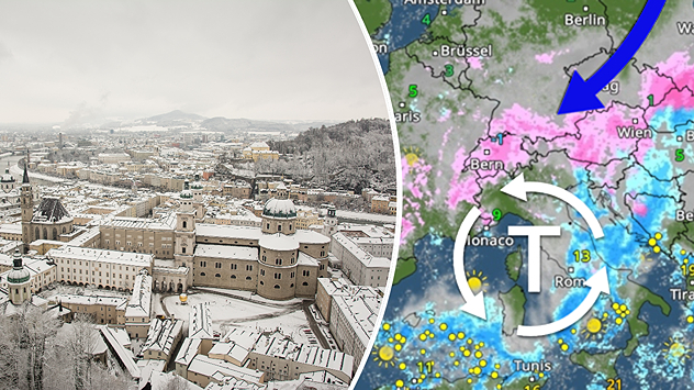 Schneebedeckte Stadt und Wetterkarte mit Tiefdruckgebiet und Schneefront über Mitteleuropa.