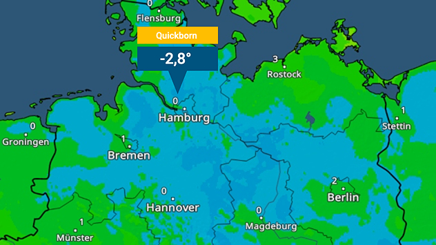 Karte mit aktuellen Temperaturen in Norddeutschland. Viele Orte zeigen Werte um oder unter 0 Grad, besonders im Norden. In Quickborn werden -2,8 Grad gemessen.