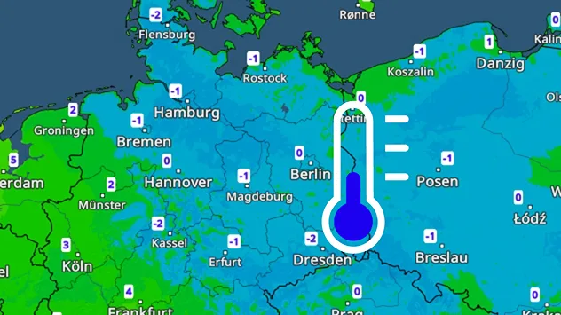Wetterkarte mit Tiefsttemperaturen für Mittwochmorgen in Deutschland und Mitteleuropa. Besonders im Osten sind verbreitet Werte um den Gefrierpunkt oder darunter zu sehen. Ein Thermometer-Symbol markiert die Kälte über Ostdeutschland.