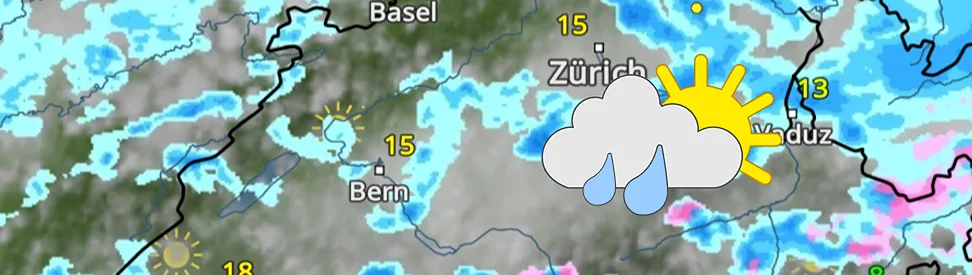 Wetterkarte der Schweiz mit Niederschlagsregion, Sonne, Wolken und Temperaturen.