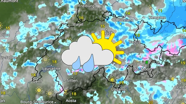 Wetterkarte der Schweiz mit Niederschlagsregion, Sonne, Wolken und Temperaturen.