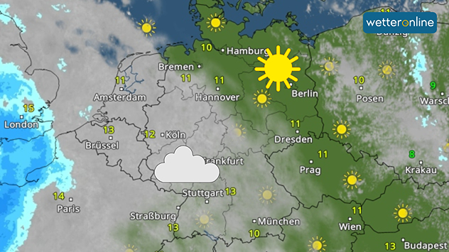 Wetterkarte zeigt sonniges Herbstwetter in Deutschland, mit Wolken im Südwesten.