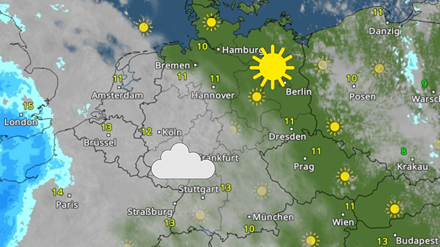 Wetterkarte zeigt sonniges Herbstwetter in Deutschland, mit Wolken im Südwesten.
