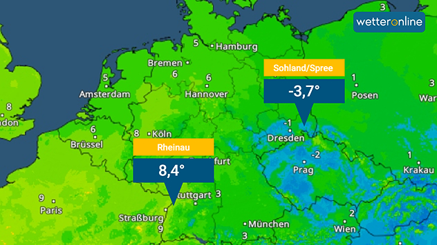 WetterRadar zeigt Temperaturen vor Sonnenaufgang - Frost in Sachsen, im Westen mild