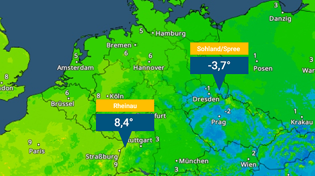 TemperaturRadar zeigt Temperaturen vor Sonnenaufgang - Frost in Sachsen, im Westen mild