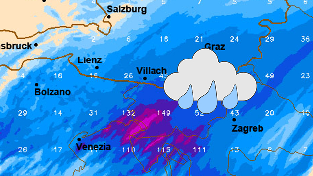 Vor allem im Nordosten Italiens und in Slowenien regnet es aktuell kräftig. Rund um Venedig kommen gebietsweise schon mehr als 100 Liter Regen pro Quadratmeter zusammen, örtlich sogar fast 150 Liter. Auch in Richtung Kärnten und Nordkroatien fällt teils kräftiger Regen, dort sind aber meist deutlich geringere Mengen unterwegs.