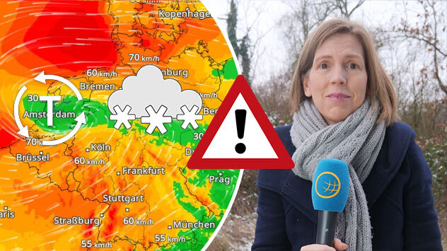 Geteiltes Bild mit WindRadar und Warnsymbol links sowie einer Wetterreporterin rechts. Das Radar zeigt starke Winde und Schnee über Teilen Deutschlands.