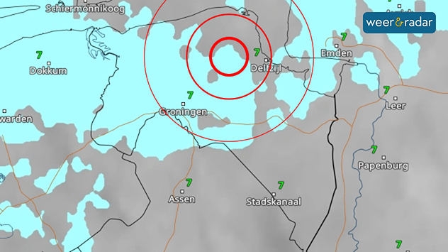 Een cirkel van een aardbeving is geplaatst in het midden van Groningen. 
