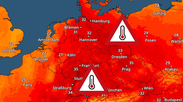 Es folgen sehr heiße Julitage mit Höchstwerten von 35 Grad und mehr, wie das TemperaturRadar hier für den 9. Juli zeigt. 