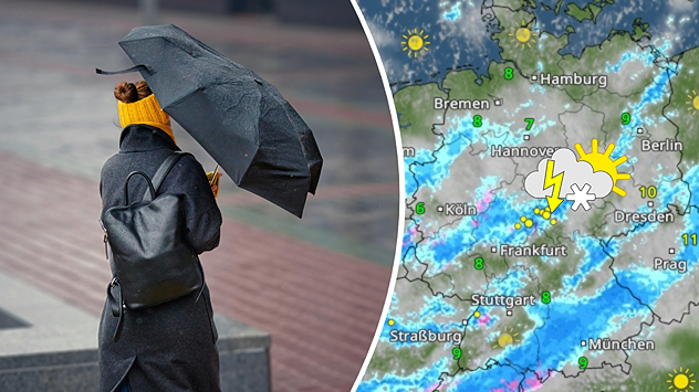 Links: Eine Frau, die bei stürmischem Wetter einen Regenschirm festhält. Rechts: Das WetterRadar für Mittwoch.