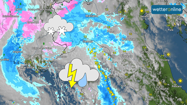 Das WetterRadar zeigt die Unwetter über dem Mittelmeer und Schneefälle in den Südalpen. 