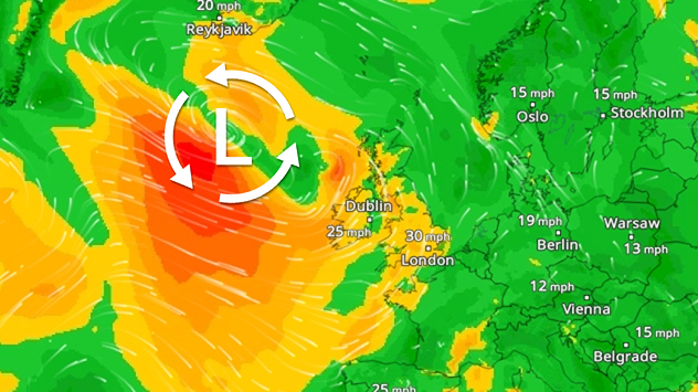 Weather map showing a low-pressure system west of Ireland with strong winds circulating anticlockwise. The heaviest winds, in red and orange, are over the Atlantic near Ireland, with gusts up to 30 mph in London and 25 mph in Dublin. Winds are lighter further east across Europe, mostly between 12 and 19 mph.