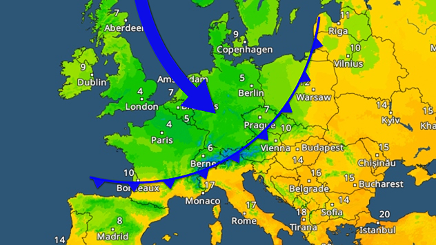 Temperature radar for Europe. A cold front and a blue arrow are shown.