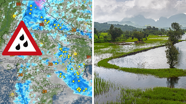 Wetterkarte mit Regenwarnung und überflutete Reisfelder in Indien.