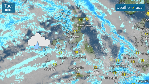 Satellite weather map for Tuesday 18.08 showing widespread rain and showers across the UK and Ireland, with temperatures of 17°C in Dublin and Glasgow and 22°C near London.