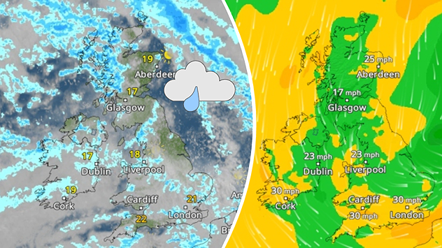 Split weather graphic showing widespread rain and showers across the UK and Ireland on the left, with a wind radar on the right showing gusts around 30 mph near Cork, Cardiff, and London.