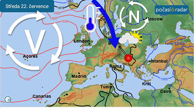 Předpověď synoptické situace nad Evropou na středu 22. 7.: Velká část nového týdne bude Česko ovlivňovat chladnější severozápadní proudění mezi tlakovou výší nad severozápadní Evropou a tlakovou níží nad severovýchodní Evropou.