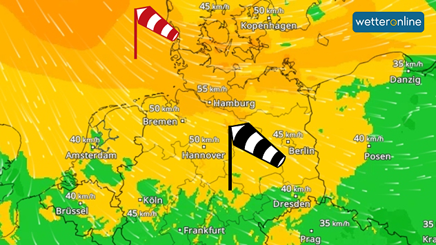 Eine Windkarte von Norddeutschland zeigt Böen um 50 km/h an. Dazu sind zwei Windsäcke eingezeichnet.