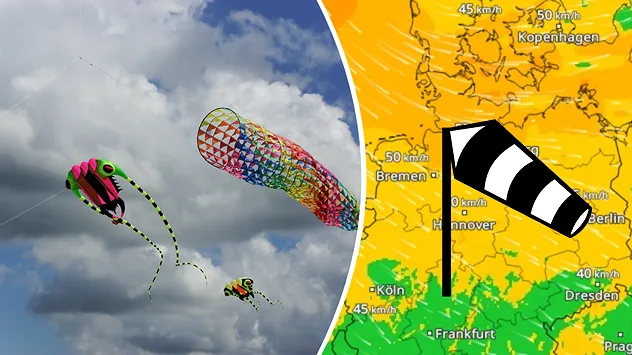 Links: Drei farbenfrohe Drachen, darunter ein röhrenförmiger und zwei tierähnliche Modelle, schweben vor großen weißen und grauen Wolken am blauen Himmel.; Rechts: Eine Windkarte von Norddeutschland zeigt Böen um 50 km/h an. Dazu sind zwei Windsäcke eingezeichnet.