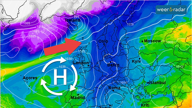 De weerkaart voor midden volgende week toont een west-noordwestelijke stroming, waarin geleidelijk zachtere lucht onze kant op komt.