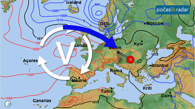 Mapa synoptické situace nad Evropou ve středu 6. srpna: Po přechodu úterní studené fronty začne Česko od západu ovlivňovat tlaková výše - po jejím předním okraji k nám bude zpočátku proudit chladnější vzduch od severozápadu.