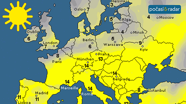 Mapa, předpověď doby trvání slunečního svitu v Evropě na pátek 8. srpna: V některých dnech u nás dosáhnou denní sumy trvání slunečního svitu až 13 hodin - očekává se tak například i v pátek 8. srpna.