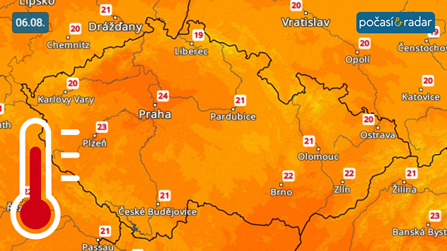 Předpověď maximálních teplot na středu 6. srpna: Nejvyšší denní teploty ve středu tak budou dosahovat hodnot většinou jen mezi 20 až 24 °C.