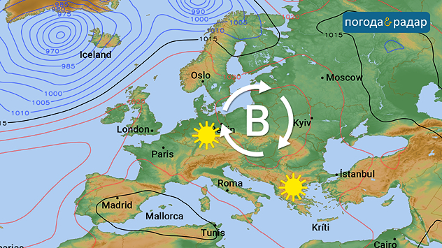Карта погоди в Європі з областю високого тиску над Східною Європою та символами сонця над Центральною та Південною Європою.