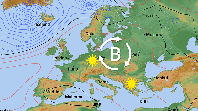 Карта погоди в Європі з областю високого тиску над Східною Європою та символами сонця над Центральною та Південною Європою.