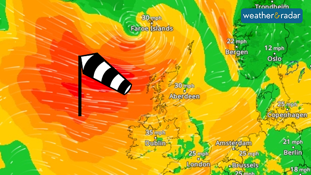 WindRadar showing strong winds over the North Atlantic, the UK, and Ireland.