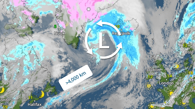 WeatherRadar showing a large low-pressure system over the North Atlantic between Greenland and Iceland.
