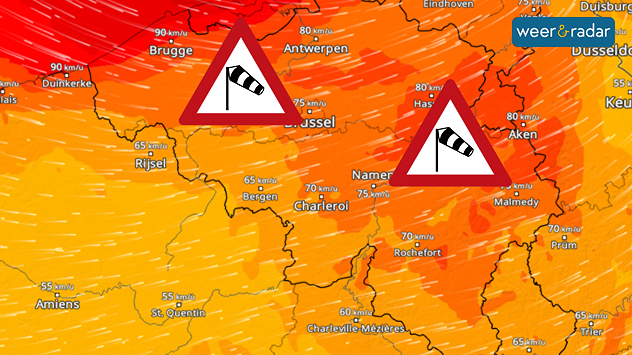Het stormveld van storm "Benjamin" op 24 oktober. De wind haalde aan zee uitschieters tot 100 km/u.