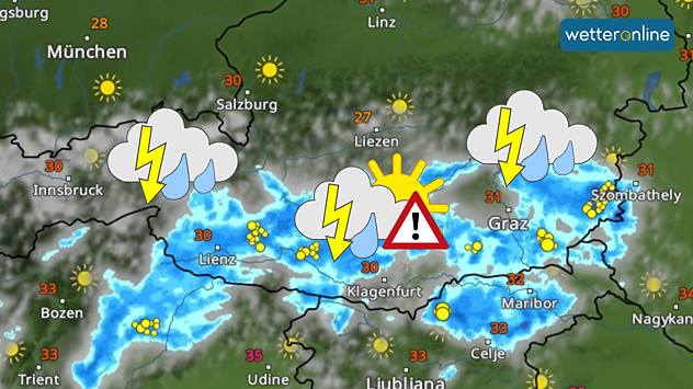 Wetterkarte von Österreich mit Wolken, Niederschlag und Blitzen sowie Wetterymbolen