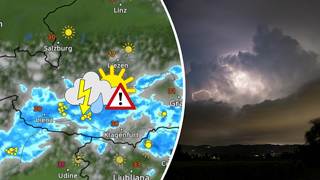 Split. Wetterkarte mit Wolken, Niederschlag und Blitzen - rechts ein Bild von einem nächtlichen Gewitter mit Blitzen