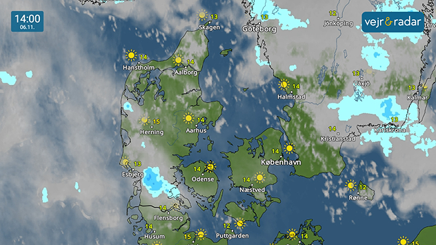 VejrRadaren viser mildt vejr med 12-15 grader den 6. november.