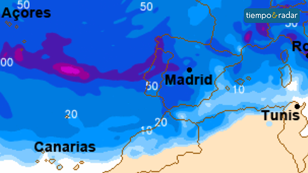 Mapa de acumulados previstos durante la semana. Se podrán superar los 100 litros en algunas zonas. 