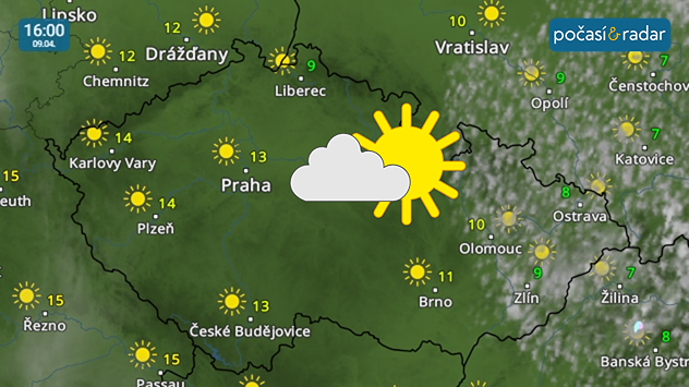 Meteoradar, screenshot, 9. 4. 16:00: Čtvrtek se v Česku bude vyznačovat slunečným, ale chladnějším počasím. Přechodně více oblačnosti se během dne objeví na severovýchodě území.