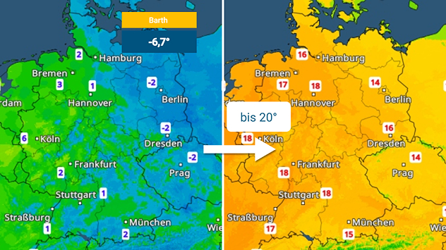 Zweiteilige Wetterkarte für Deutschland. Morgens Frost mit Tiefstwerten unter null Grad. Nachmittags verbreitet milde Temperaturen bis 20 Grad.