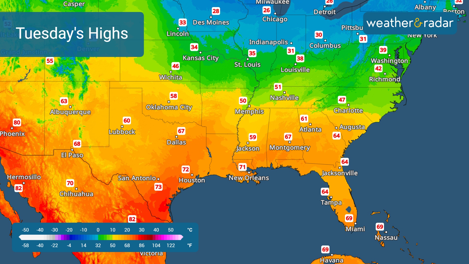 The Temperature-Radar shows above-freezing highs across the South.