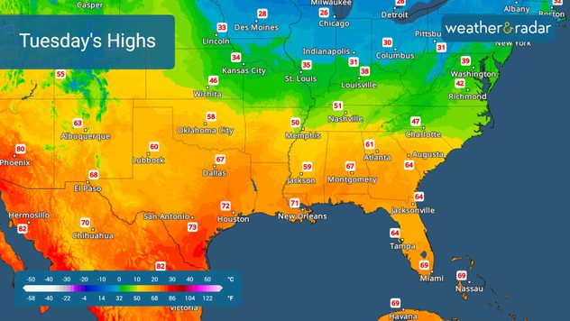 The Temperature-Radar shows above-freezing highs across the South.