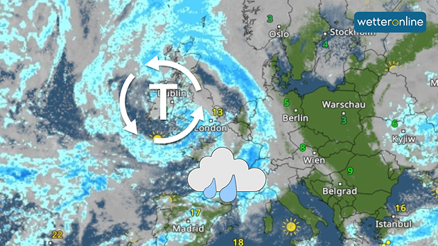 WetterRadar mit Tiefdruckgebiet über Irland und Großbritannien, Regenwolken breiten sich vom Atlantik nach Osten aus.