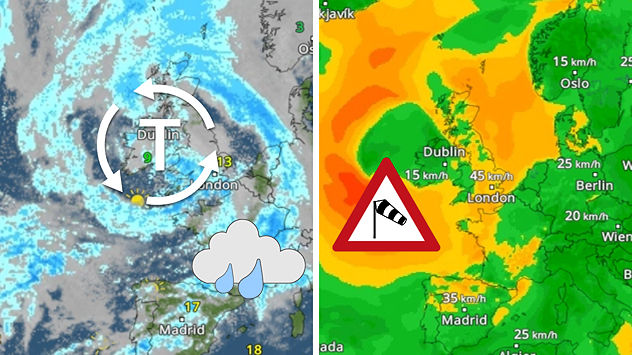 WetterRadar mit Regen über den Britischen Inseln und Windradar mit starken Böen um ein Tiefdruckgebiet, das West- und Mitteleuropa beeinflusst.
