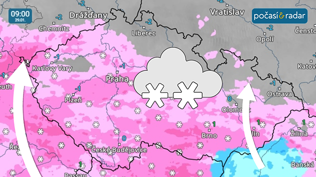 Meteoradar, screenshot, 29. ledna 9:00: Od jihu do Česka dorazí sněžení – to bude místy i trvalejší a poměrně vydatné.