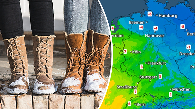 Links: Zwei Paar Füße in Winterstiefeln, an denen Schneereste haften. Rechts: Das TemperaturRadar für Montag.