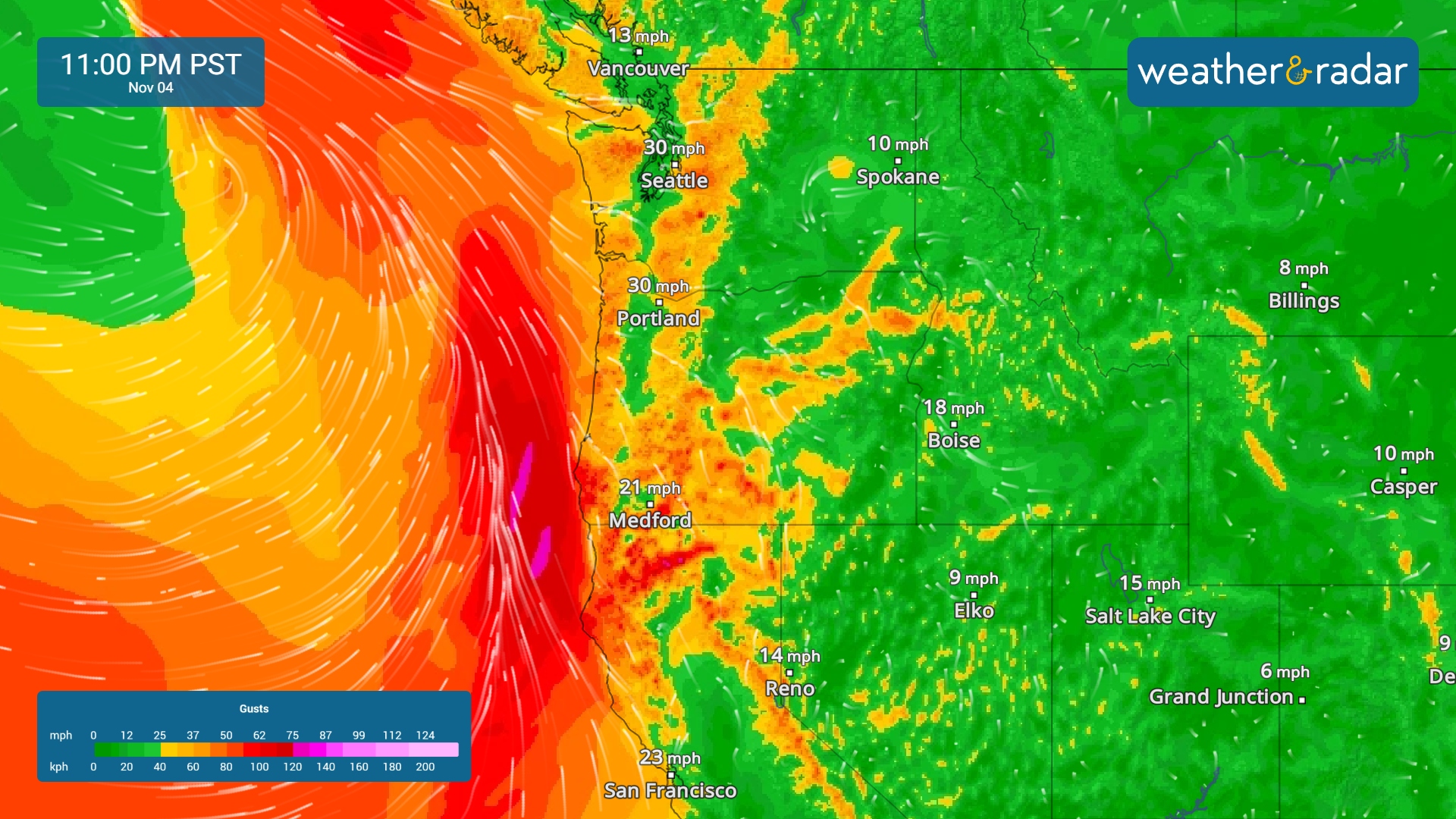 The WindRadar shows gusts exceeding 30 mph by tonight across the Pacific Northwest.