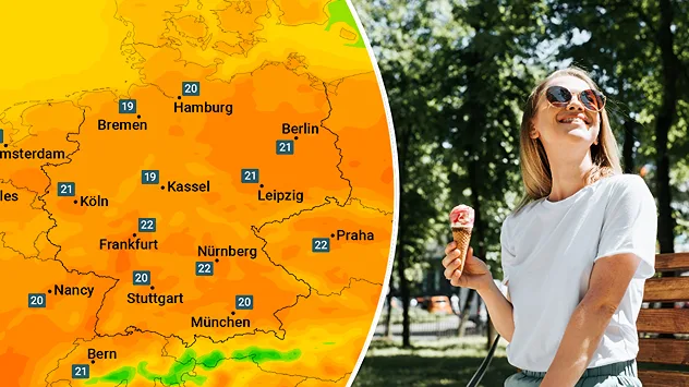 Links eine Wetterkarte mit Temperaturen um 20 Grad, rechts eine Frau beim Eis essen.