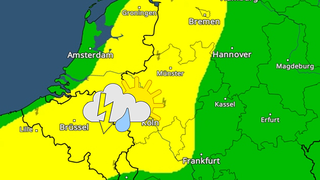 Die Karte zeigt, wo das Schauer- und Gewitterrisiko Samstagabend am größten ist.