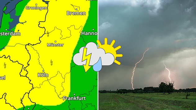 Karte zeigt Gewitterrisiko in Deutschland, Schwerpunkt von NRW bis Hessen. Pfeile deuten eine Zugrichtung von Südwest nach Nordost an. Rechts ein Blitz über einer Landschaft unter dunklen Wolken.