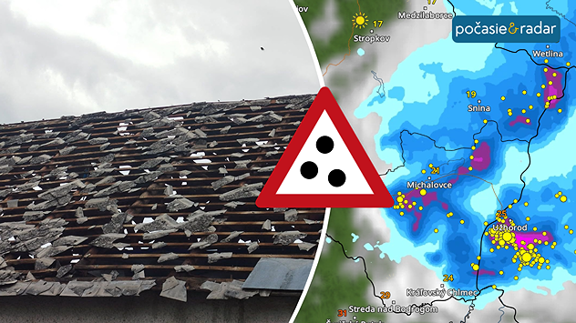 Rozdelená grafika s poškodenou strechou po krupobití naľavo a zrážkovo-búrkovou mapou východného Slovenska napravo, doplnená výstražným symbolom krúp