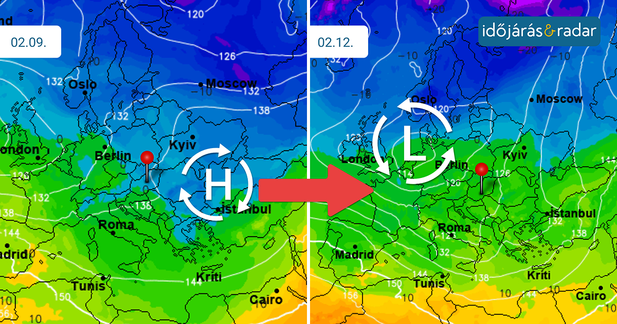 850hPa-os hőmérsékleti mező ősszehasonlítása hétfőről csütörtökre